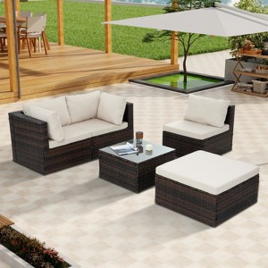 GlasFlength 5PCS Patio Seating Rattan Furniture Set Sectional Sofa Cushioned Garden, Tempered Glass Table, White, 28.94"*28.55"*24.8" - 1 of 4
