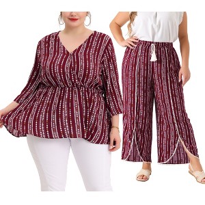 Agnes Orinda Women's Plus Size Two Piece Set Boho Peplum Striped Babydoll Blouses and Split Elastic Waist Striped Wide Leg Pants - 1 of 4