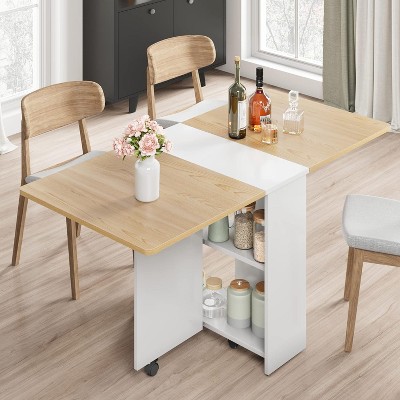 Folding Dining Table, Drop Leaf Dining Table with 6 Wheels and 2-Layer Storage Shelf, Space Saving Dining Table