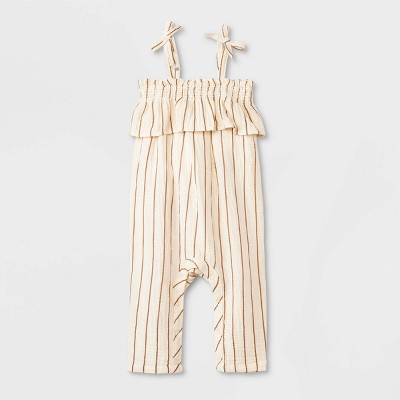 Image of Grayson Collective Baby Girls' Sleeveless Gauze Striped Ruffle Jumpsuit - Cream 6-9M