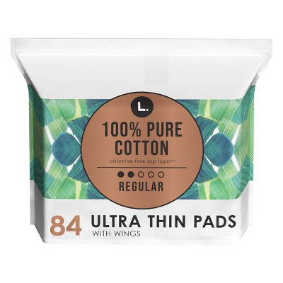 L . Organic Cotton Topsheet Ultra Thin Regular Absorbency Pads with Wings - 84ct