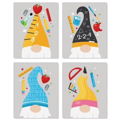 Big Dot of Happiness School Gnomes - Unframed Teacher and Classroom Linen Paper Wall Art - Set of 4 - Artisms - 8 x 10 inches