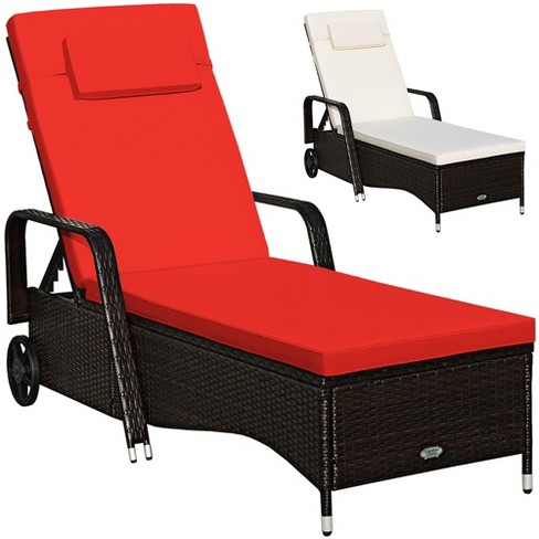 Tangkula Cushioned Outdoor Wicker Lounge Chair w/ Wheel Adjustable Backrest  Red & Off White