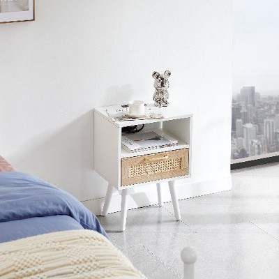 NicBex Rattan Woven Side Table with Drawer, Storage End Table Living Room with Solid Wood Legs, 15.75" Small Table Sofa Table, Bedroom Nightstand