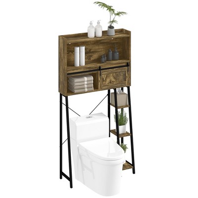 HOMCOM Over the Toilet Storage Cabinet, Over Toilet Bathroom Organizer with Sliding Door, 3 Storage Compartments and 4 Open Shelves