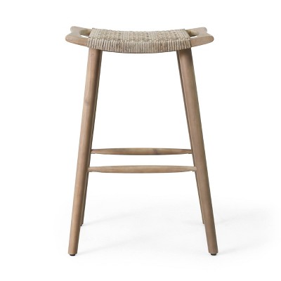 Light Brown Acacia Wood and Wicker Outdoor Bar Stools, Set of 4