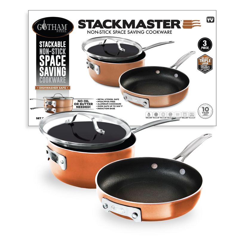 Gotham Steel Stackmaster 3 Piece 8'' Copper Space Saving Nonstick Cookware Set, 2 of 3