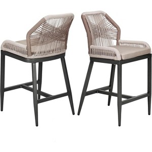 Woven Outdoor Counter Height Bar Stools Set of 2, Rattan Bar Chairs with Cushions & Armrests, Aluminum Frame Patio Barstools with Backrest for Garden - 1 of 4