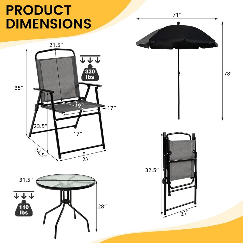 Costway 6 PCS Patio Dining Set Folding Chairs Glass Table Tilt Umbrella Garden, 4 of 11