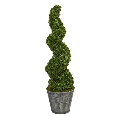 Nearly Natural 53" Indoor/Outdoor Spiral Hazel Leaf Artificial Topiary Tree in Embossed Tin Planter Black