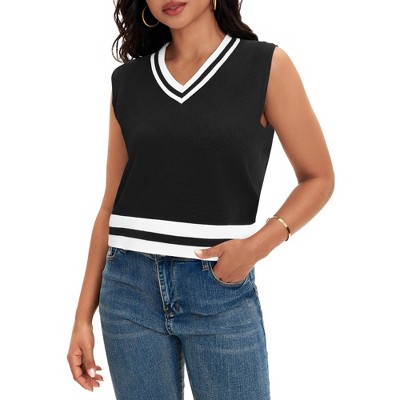 ATHLECHIC Women's Summer Knit Color Block Sleeveless V Neck Loose Fit Preppy Trendy Tank Tops