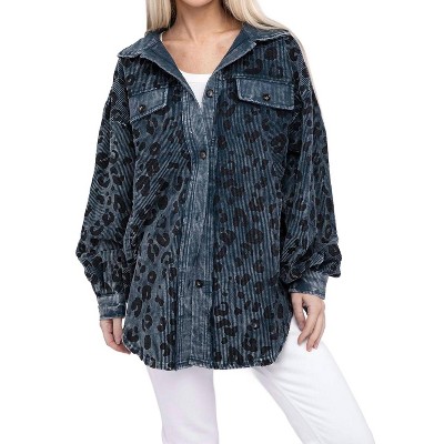 Women's Vintage Washed Leopard Corduroy Buttoned Jacket - BiBi