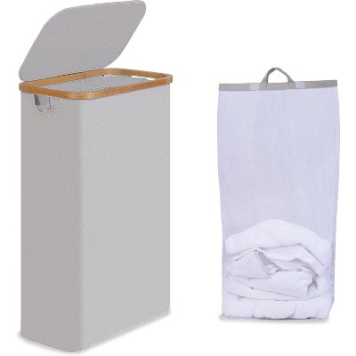 Laundry Basket with Lid, Narrow Laundry Hamper with Removable Bag, Skinny Dirty Clothes Basket with Bamboo Handles