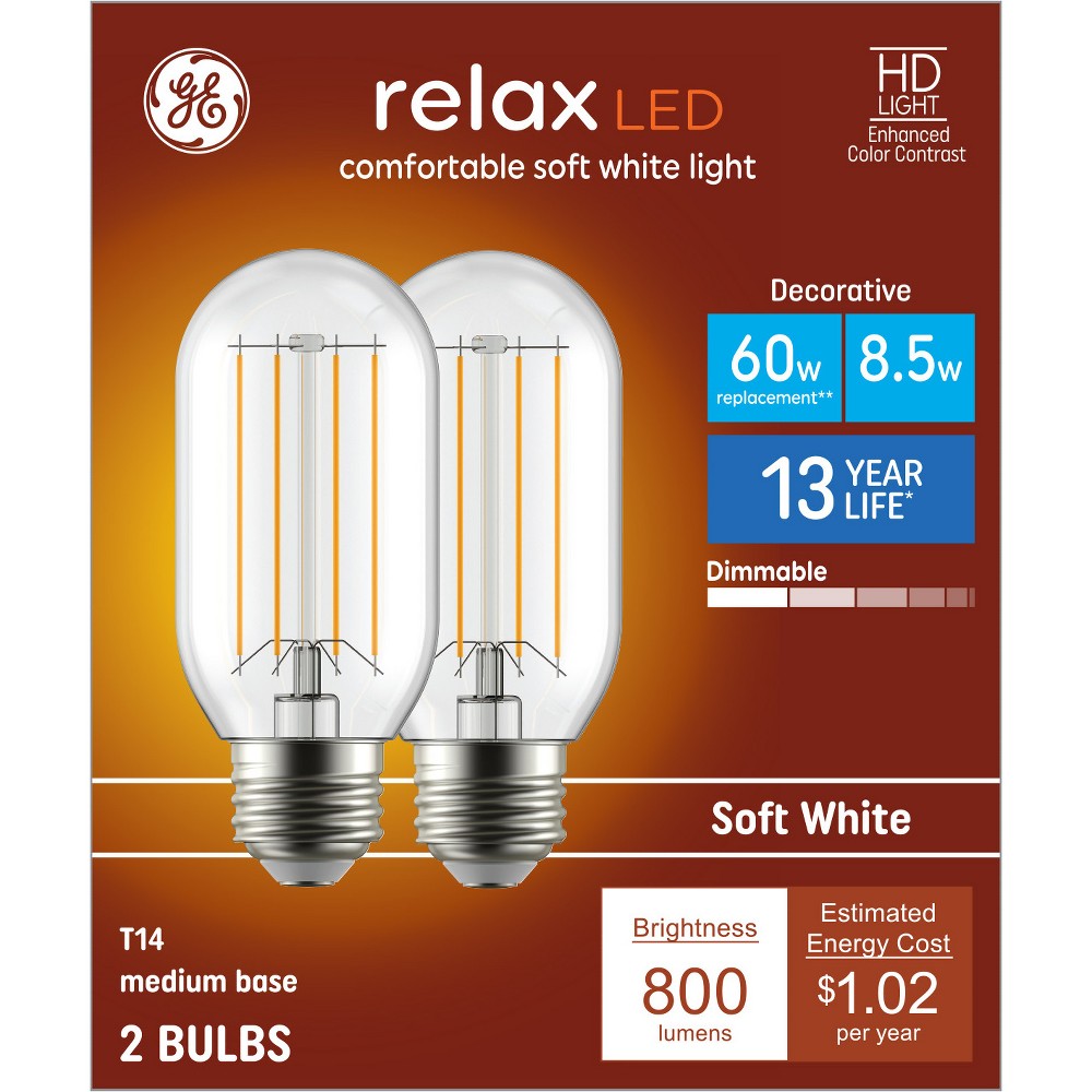 Photos - Light Bulb GE 2pk 60W Relax T14 LED  Soft White