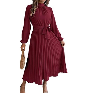 Women Pleated Dress Long Sleeve Stand Up Collar A-Line Flowing Dress With Belt - 1 of 4