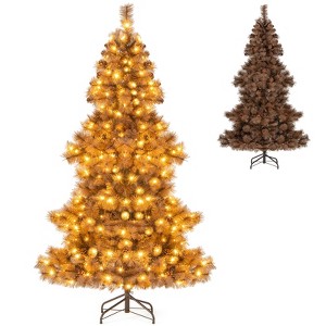 Tangkula 6 FT Pre-Lit Artificial Christmas Tree Hinged Chocolate-Color Xmas Tree w/ 493 Pine Needles & PVC Tips - 1 of 4