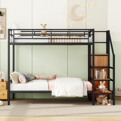 NicBex Twin Over Twin/Full Over Full Metal Bunk Bed with Ladder and Guardrail,Loft Bed with Storage Space and Wardrobe for Bedroom,Black/White