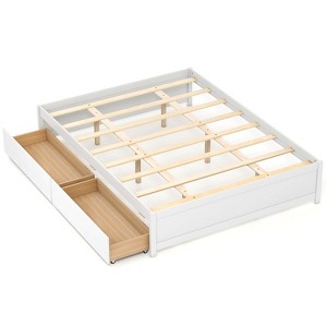 Costway Full/Queen Size Wooden Platform Bed with 2 Rolling Storage Drawers Wood Slat Support Natural/White - 1 of 4