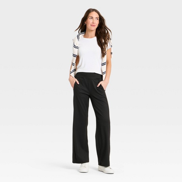 Pantalones de lounge de pierna ancha con elástico plano, costuras frontales y bolsillos laterales con abertura para mujer - A New Day™ 3