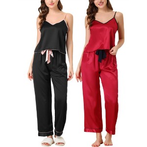 cheibear Women's Satin Silky Sleepwear Suspender Cami Top Long Pants Soft Pajama Set 2Packs - 1 of 4