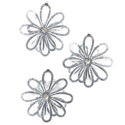 Lakeside Metal Wall Flowers - 3D Art Decor with Vintage, Galvanized Look - Set of 3