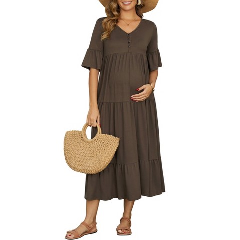 Женские платья INSPIRE CHIC Maternity Maxi Dress V Neck Button Ruffle Short Sleeve Flowy Pregnancy Dresses 2026 Summer Small Coffee