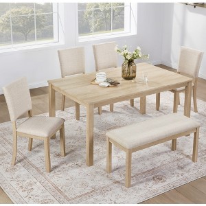 GDFStudio Fen Modern 6-Piece Dining Set with Wooden Rectangular Table, 1 Bench, and 4 Linen Upholstered Chairs - 1 of 4