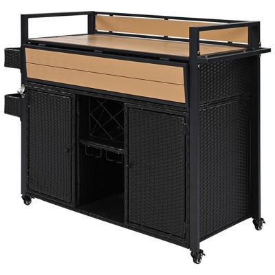 Fontoi Utility Storage Bins, Grill Cart with Table Top, Moveable Kitchen Island with Storage Cabinet for Backyard Garden, Black, 52.8"*28.30"*41.50"