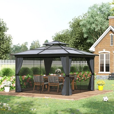 Black Aluminum Frame Hardtop Gazebo with Polycarbonate Roof and Curtains
