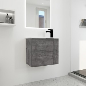 22" Floating Bathroom Vanity with Ceramic Sink – Soft-Close Door Grey Plywood Vanity for Small Bathrooms, Wall-Mounted Storage Cabinet - 1 of 4