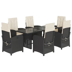 vidaXL 7 Piece Patio Dining Set with Cushions - Black Poly Rattan Outdoor Garden Reclining Chairs and Tempered Glass Table - 1 of 4