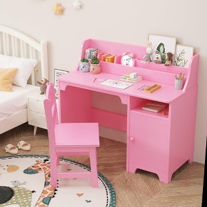 Garvee Kids Desk and Chair Set-Study Desk for Kids with Hutch, Storage Cabinet, Wooden Children Study Table,Pink - 1 of 4