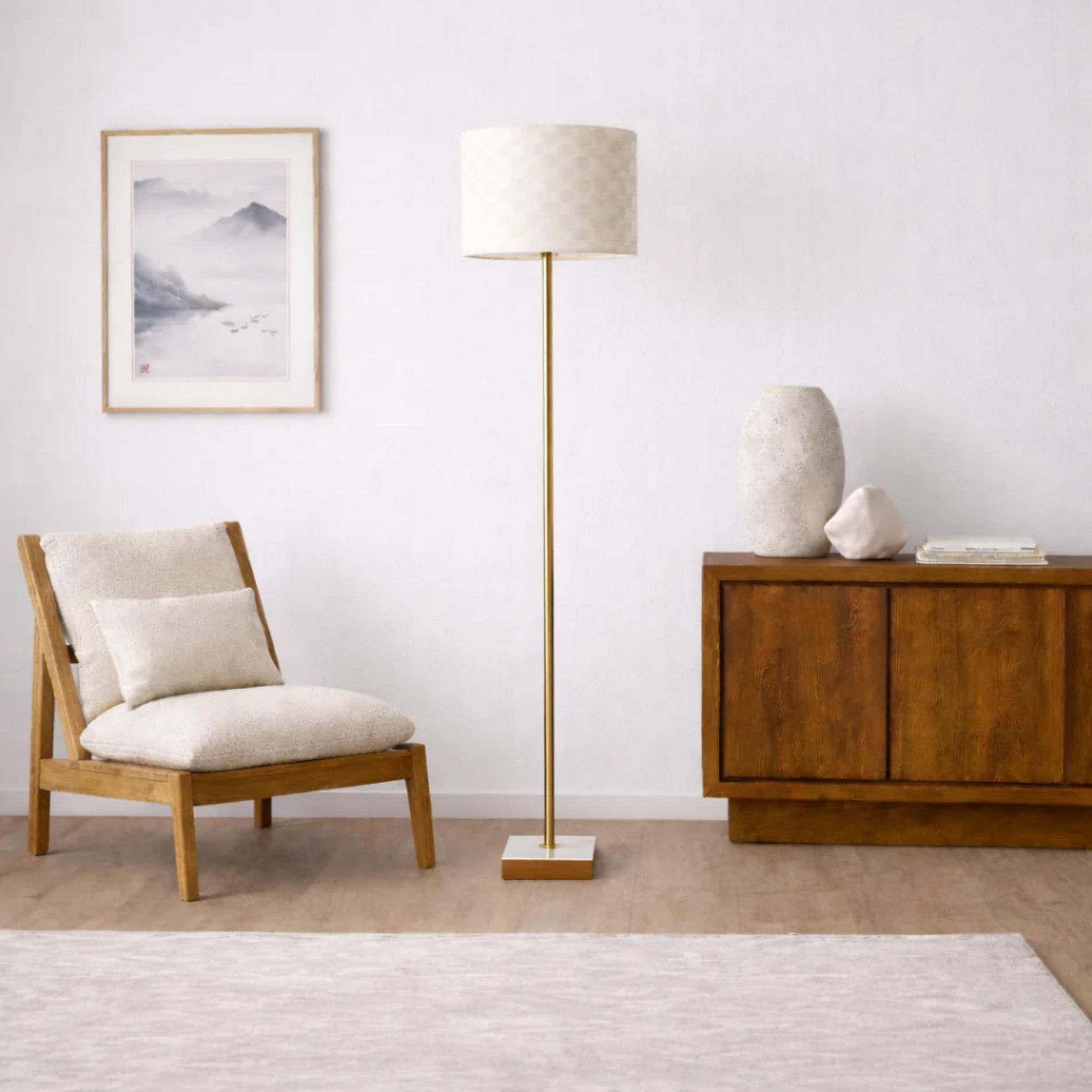 GDFStudio Toski Minimalist Floor Lamp with Marble Base and Imitation Leather Cylinder Shade, Dark Brown/White