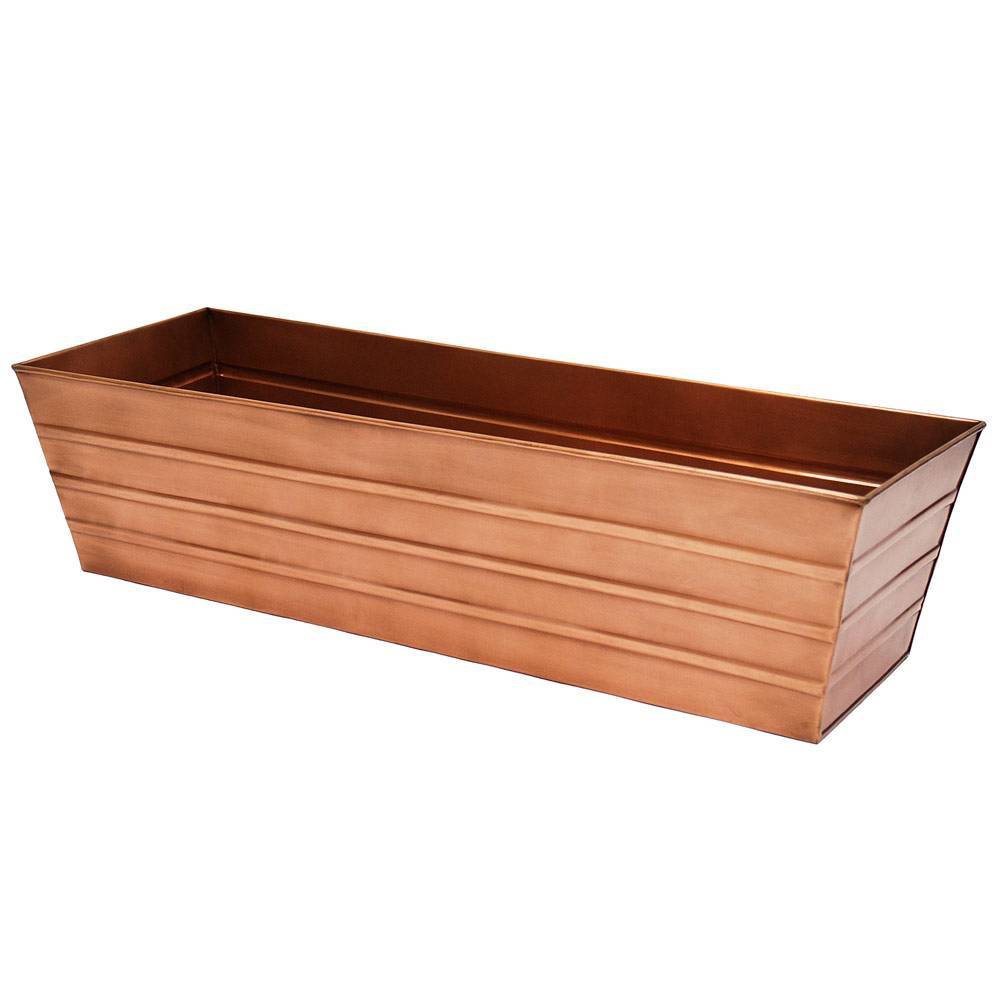 35.25" Large Galvanized Steel Flower Box Planter  - ACHLA Designs Available in three size options, these rectangular flower boxes have a rolled edge, embossed lines and a simple classic style. Made from Galvanized Steel, in three Patina finish colors, these planting containers will add curb appeal. Use them to create a lush container garden or urban balcony oasis. The Copper Plated Flower Boxes will develop warm natural patina over time that is a perfect complement to green foliage. Smallest pairs with Wall Mounted Bracket (SFB-01) Medium with Posy Flowerbox Bracket (VFB-05) Twist Flowerbox Bracket (B-06) and Wall-Mounted Bracket (SFB-02) and Largest pairs with Scrolls Bracket (B-32), Wall-Mounted Bracket (SFB-03) or Clamp-On Bracket (SFB-03C). Size: 35.25 .
