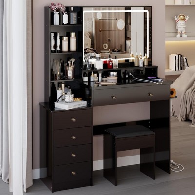 YONWAY 3 in 1 Vanity Desk with Mirror, 5 Drawers+Cushioned Stool Vanity Table Set, 2 AC+2 USB Power Station, Hair Dryer Stand, 3-color Switch