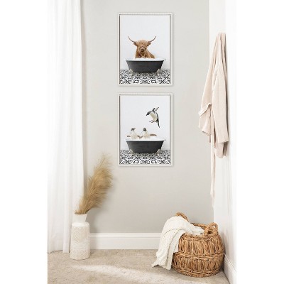 18"x24" White Framed Canvas with Penguins in Bathtub