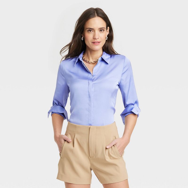 Women's Slim Fit Long Sleeve Satin Button-Down Shirt - A New Day™, 1 of 9