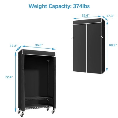 Black Portable Rolling Clothes Rack with Gray Cover