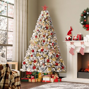Garvee Flocked Artificial Tree, Prelit Snowy Tree with 8 Modes, Foldable Stand, Foot Pedal, Holiday Home Decoration, White Flock - 1 of 4