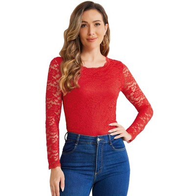 Allegra K Women's Slim Fit Sheer-Long-Sleeves Flower Embroidery Lace Top