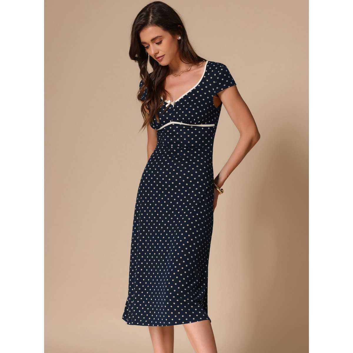 Женские платья INSPIRE CHIC Women's V Neck Cap Sleeve Polka Dots Summer Vintage Classic Midi Dress Small Dark Blue — фото 3
