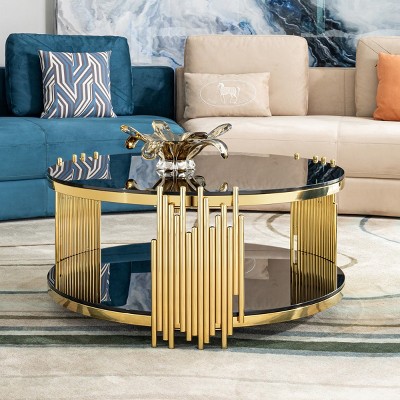 Living Room Double Layer Tempered Glass Coffee Table,Side Table With Open Storage Shelf And Metal Frame,Round Metal Coffee Table-Coolbibila