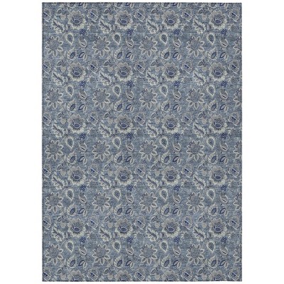 Denim Blue And Navy Blue Floral Washable Indoor Outdoor Area Rug