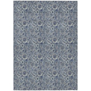 Denim Blue And Navy Blue Floral Washable Indoor Outdoor Area Rug - 1 of 4