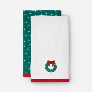 2pk Wreath and Green/White Dot Christmas Hand Towel Set - Wondershop™ - 1 of 3