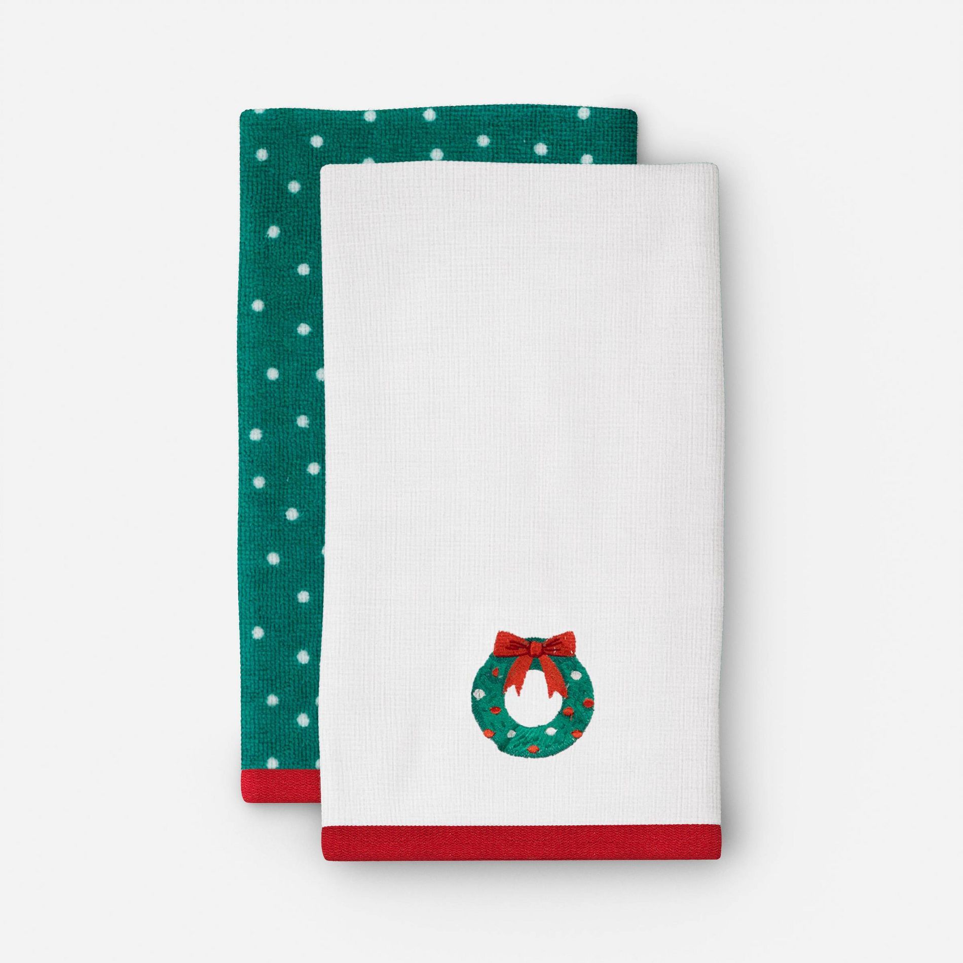 2pk Wreath and Green/White Dot Christmas Hand Towel Set - Wondershop™