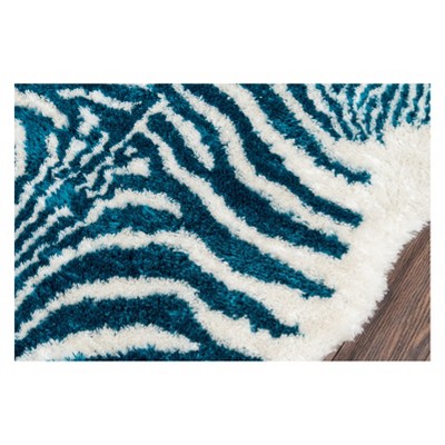 Handmade Turquoise and White Zebra Stripe Faux Fur Rug