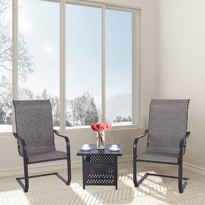 3pc Patio Seating Set with Square Side Tale & Padded Sling C-Spring Arm Chairs - Captiva Designs