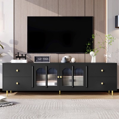 70.9'' Modern TV Stand for TVs up to 75 Inches, Entertainment Center with Glass Door, 4 Drawers and 2 Cabinets, Five Metal Legs ,White
