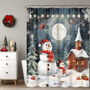 Rustic Xmas Winter Forest Moonlight Funny Snowman Snowflake Christmas Shower Curtain for Bathroom 70.8x70.8 Inch - 1 of 1